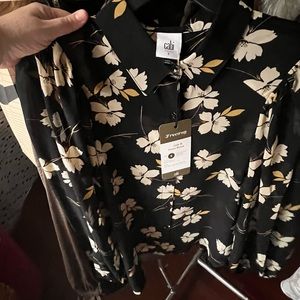 Cosmo Blouse.  Sheer black with ivory floral pattern.